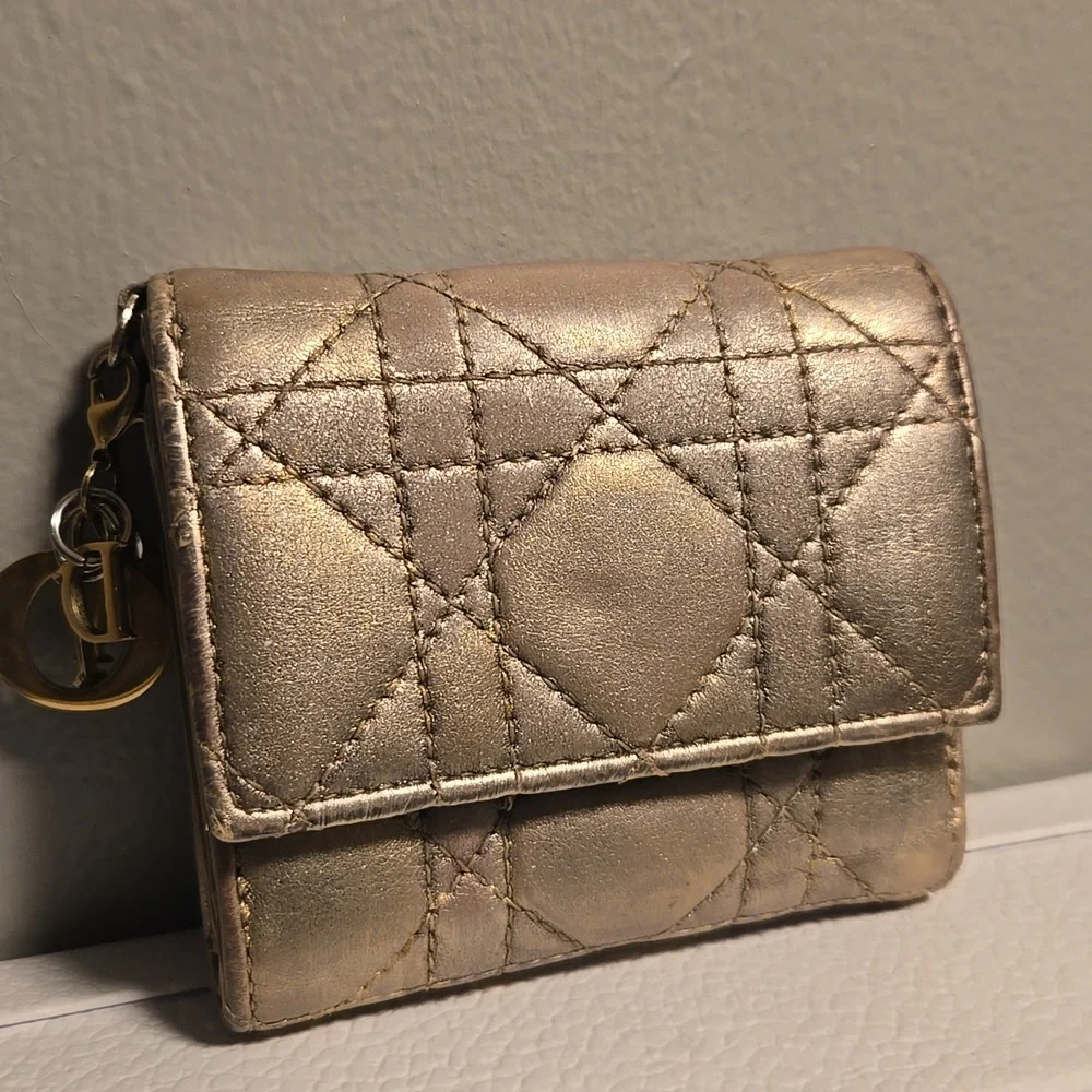 Dior Compact Wallet Lady Lotus Cannage Metallic Gold Quilted